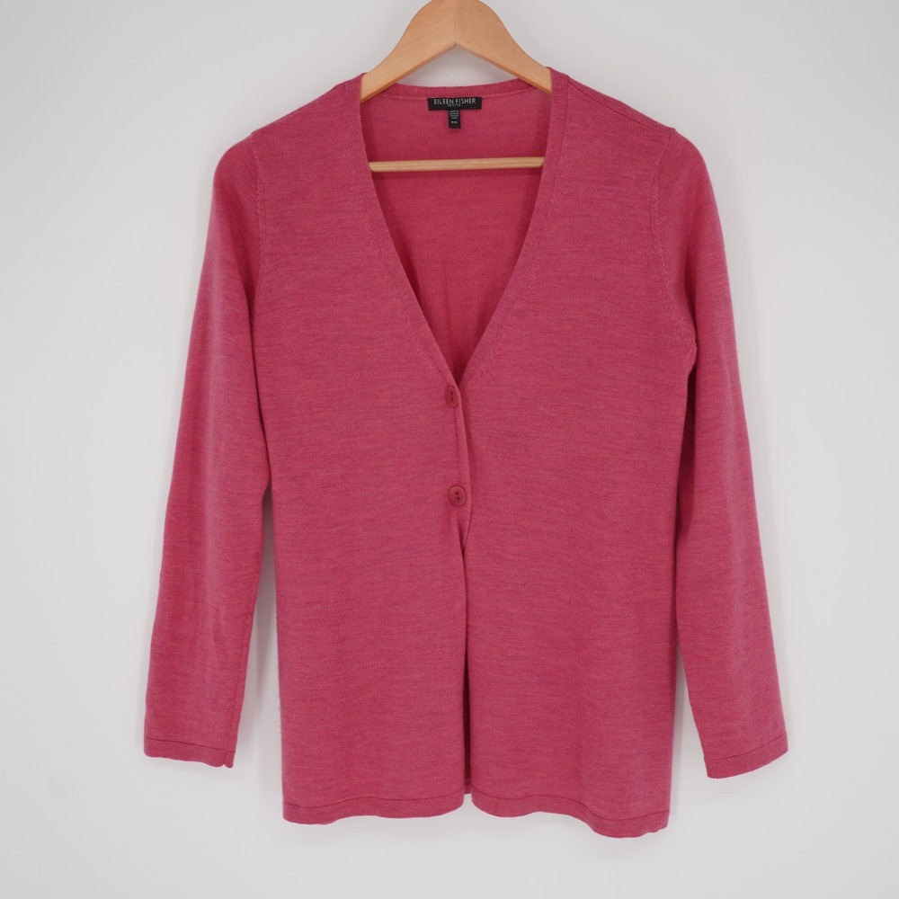 Eileen Fisher Cardigan Womens PM Pink 100% Merino Wool V Neck Button Front